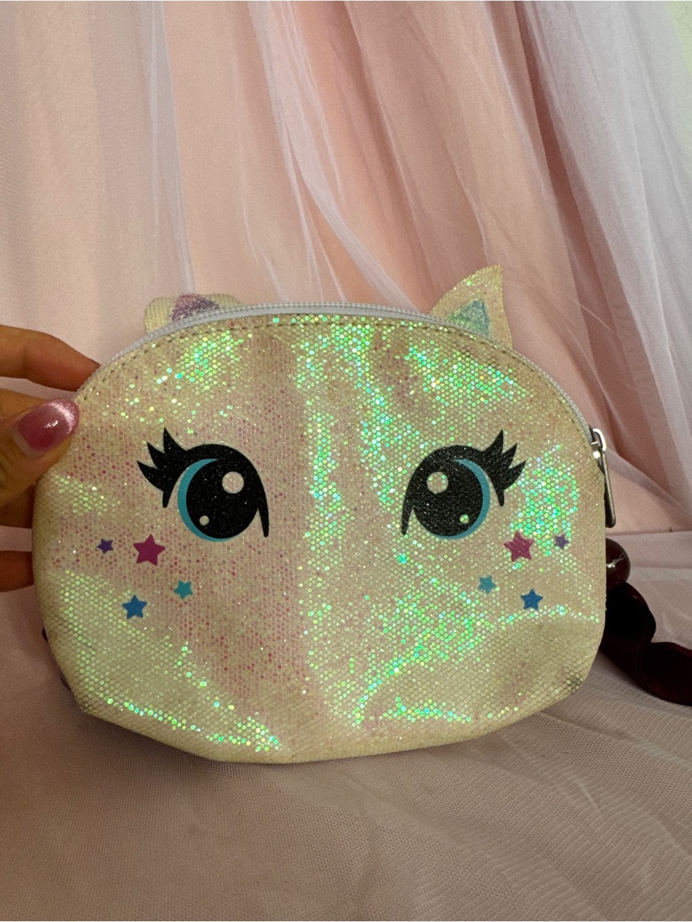 👛Y2K Justice Iridescent Unicorn Cat &Mac Sequin Zip-Around Makeup Bag Pouch Set